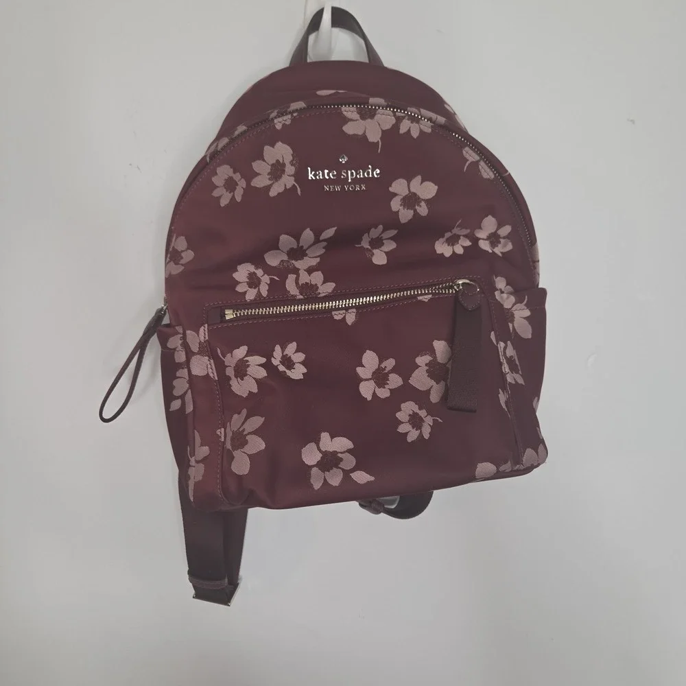 Kate Spade Chelsea Medium Backpack Burgundy Floral Jacquard Nylon Bag